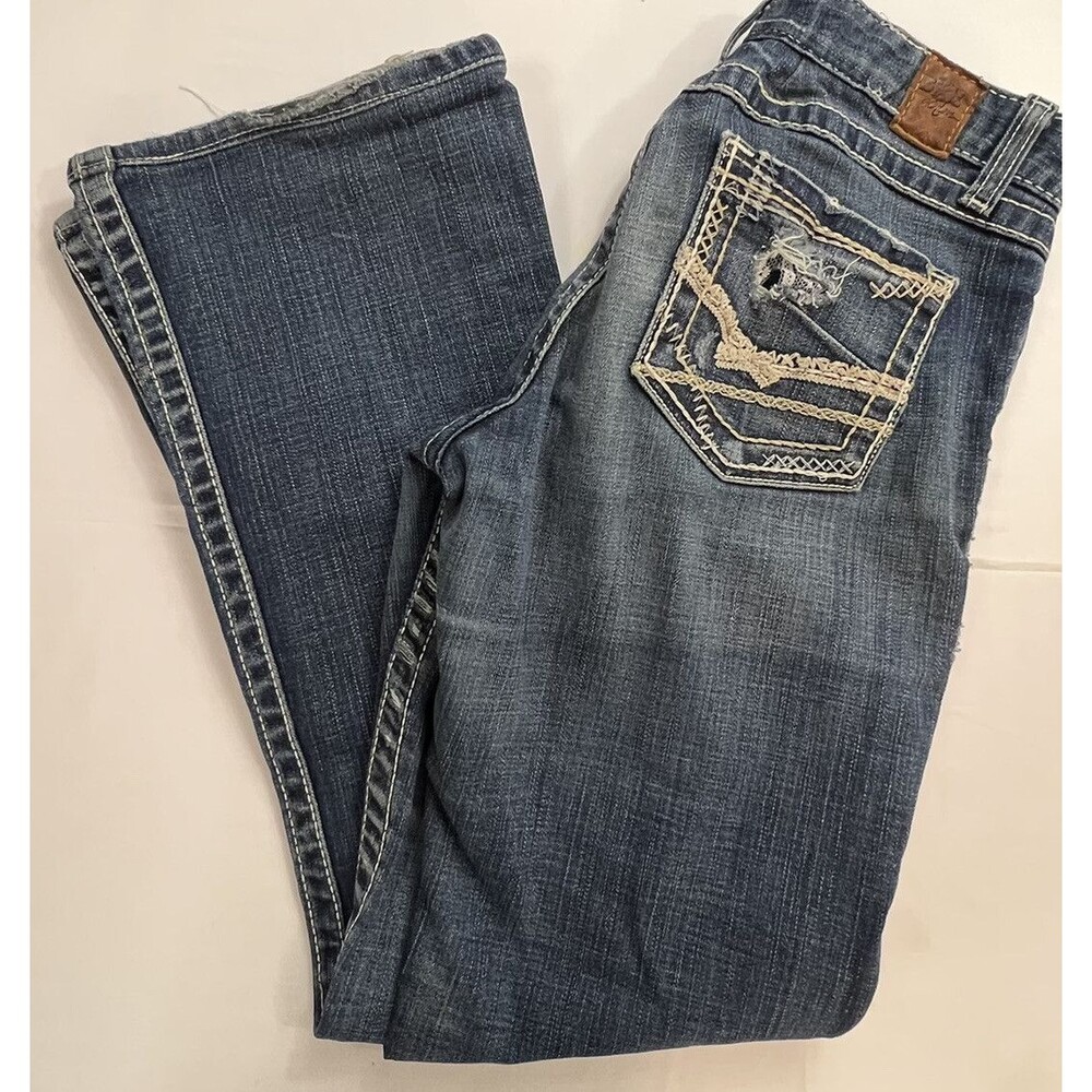 BKE Womens Embroidered Distressed Madison BootCut Denim Blue Jeans Waist 29